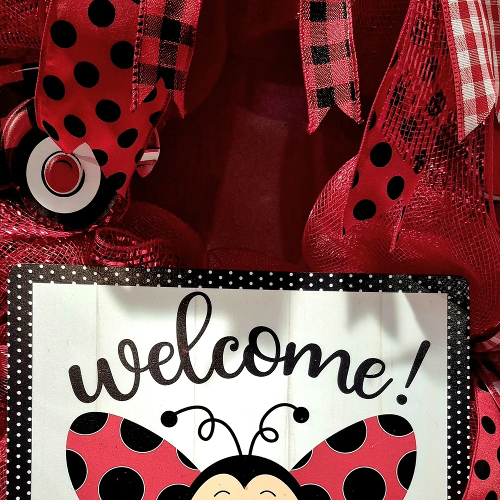 Wreath Welcome Ladybug love bug car black red polkadots buffalo checker Summer